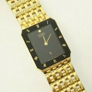 Citizen 4620 Men's Quartz Retro Gold Tone Band Black Dial Watch Day Date